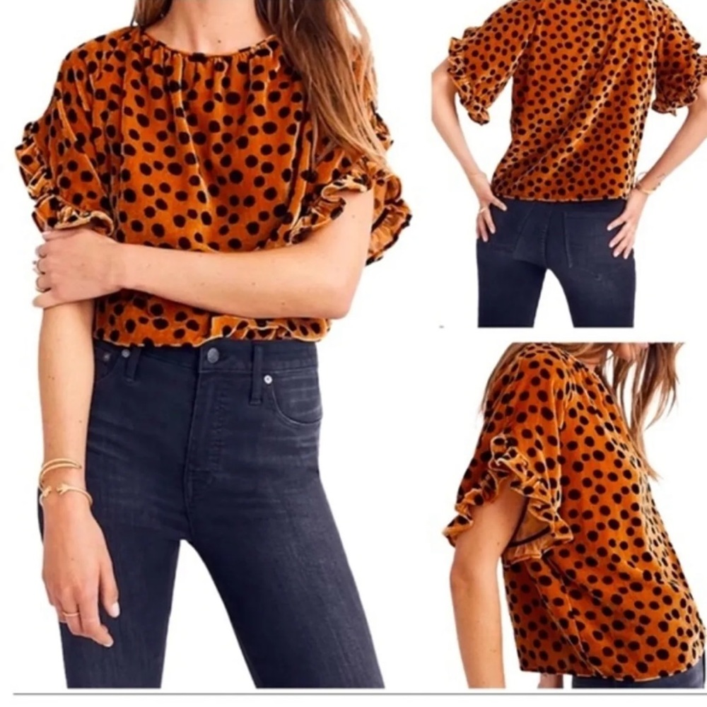 Madewell Rust Velvet Polka Dot Ruffle Sleeve Blouse